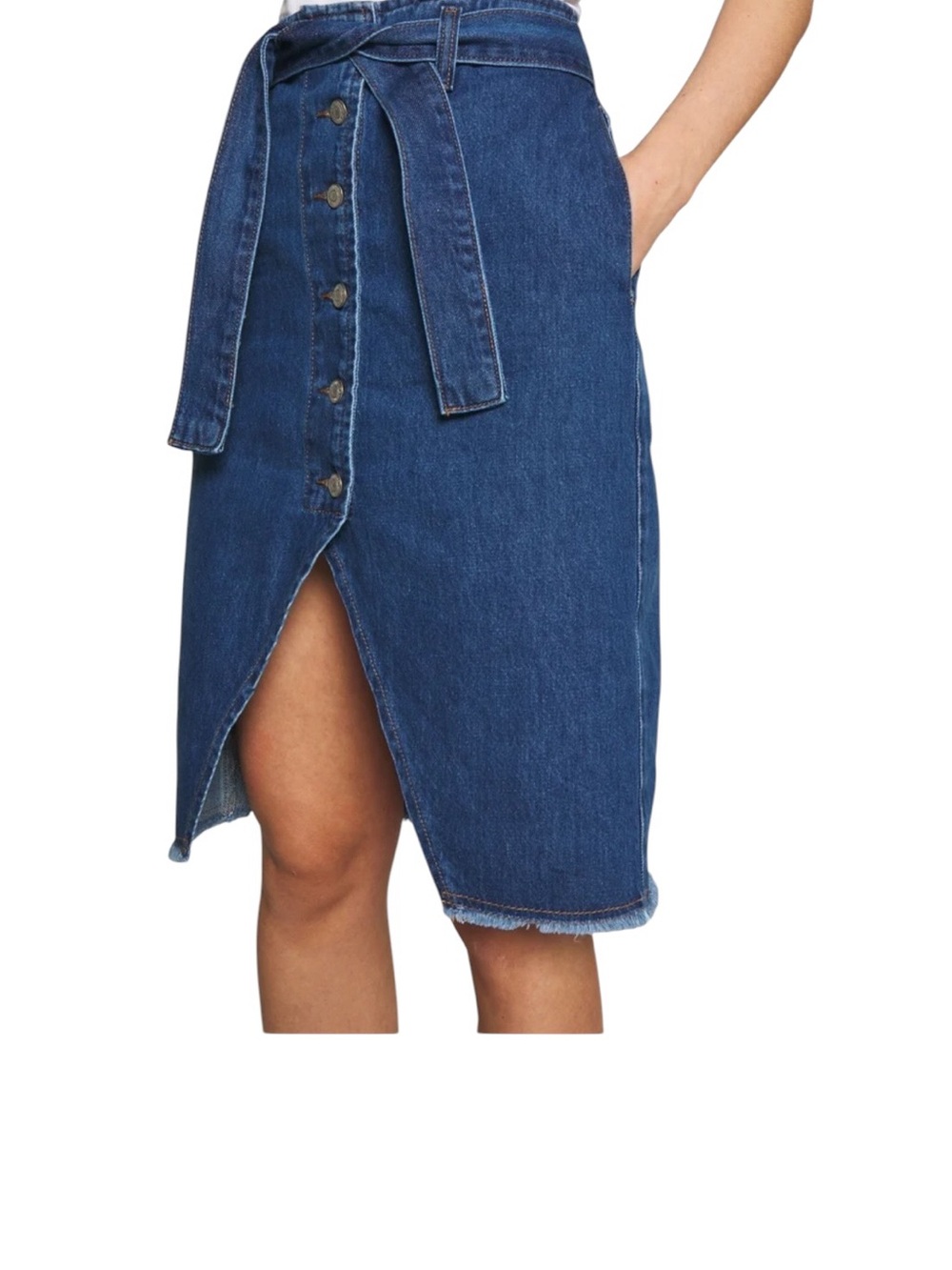 Zara High-Rise Button-Front Dark Blue Denim Midi Skirt with Tie Belt Size S